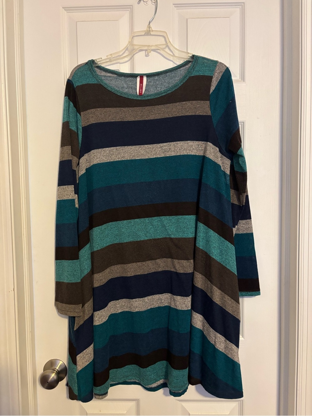 Bellamie Teal Trim Gray Striped Knit Dress